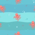 Marine seamless vector pattern with octopus, bubbles and starfish on blue background.