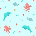 Marine seamless vector pattern with octopus, dolphin, fish and starfish on blue background.