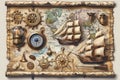 marine set for adveturers, old map, compass, wood, brass equipment, telescope Royalty Free Stock Photo
