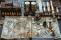 marine set for adveturers, old map, compass, wood, brass equipment, telescope Royalty Free Stock Photo