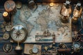 marine set for adveturers, old map, compass, wood, brass equipment, telescope Royalty Free Stock Photo
