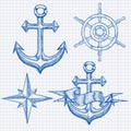 Marine set. Anchor, steering wheel, compass rose. Hand drawn sketch. Blue vector illustration on lined paper background. Royalty Free Stock Photo