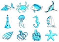 Marine set aqua color with marine animals. Royalty Free Stock Photo