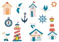 Marine set. Beach houses, lighthouses, seagulls, anchor compass and lifebuoy. Ocean life. Summer time. Vacation homes, lighthouses Royalty Free Stock Photo