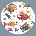 Marine set with fishes, algae, starfish, coral, seabed, bubble