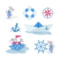 Marine set. Mice sailors, anchor, helm, compass, umbrella and paper boat.