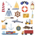 Marine set of objects, icons, logos. Travel, navigation, tourism.