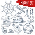 Marine set sailing and ship voyage objects sketches Royalty Free Stock Photo