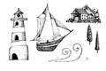 Marine set with a ship, lighthouse, wave, shore with a house. Hand made stock vector illustration for design concepts of tourism,