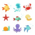 Marine set with underwater plants and sea fishes in cartoon style. Vector illustrations set