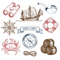 Marine set. Vector hand sketched sea illustrations. Vintage pirate adventures signs. Maritime design collection. Royalty Free Stock Photo