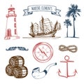 Marine set. Vector hand sketched sea illustrations. Vintage pirate adventures signs. Maritime design collection. Royalty Free Stock Photo