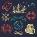 Marine set. Vector hand sketched sea illustrations. Vintage pirate adventures signs. Maritime design collection. Royalty Free Stock Photo