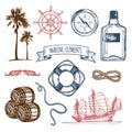 Marine set. Vector hand sketched sea illustrations. Vintage pirate adventures signs. Maritime design collection. Royalty Free Stock Photo