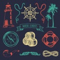 Marine set. Vector hand sketched sea illustrations. Vintage pirate adventures signs. Maritime design collection. Royalty Free Stock Photo