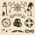 Marine set. Vector hand sketched sea illustrations. Vintage pirate adventures signs. Maritime design collection. Royalty Free Stock Photo