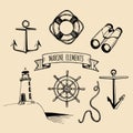 Marine set. Vector nautical elements. Hand sketched sea illustrations. Maritime design collection. Naval drawing series. Royalty Free Stock Photo