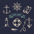 Marine set. Vector nautical elements. Hand sketched sea illustrations. Maritime design collection. Naval drawing series. Royalty Free Stock Photo