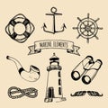 Marine set. Vector nautical elements. Hand sketched sea illustrations. Maritime design collection. Naval drawing series. Royalty Free Stock Photo