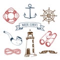 Marine set. Vector nautical elements. Hand sketched sea illustrations. Maritime design collection. Naval drawing series. Royalty Free Stock Photo