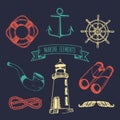Marine set. Vector nautical elements. Hand sketched sea illustrations. Maritime design collection. Naval drawing series. Royalty Free Stock Photo