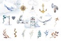 marine set, watercolor. clipart on a white background dedicated to the marine theme. seagulls, lighthouse, anchor, fish