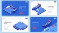 Marine shipments landing page layouts set. Shipping logistics website homepage interface idea with isometric