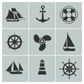 Marine and shipping icons. Boat, ship or yacht, anchor life buoy vector silhouette signs