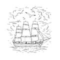 Marine sketch hand drawn vector sailboat, clouds, seagulls. Vintage frigate on the sea. Black line isolated on white