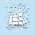 Marine sketch hand drawn vector sailboat, clouds, seagulls. Vintage frigate on the sea on a blue background