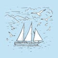 Marine sketch hand drawn vector sailboat, clouds, seagulls. Vintage sailing yacht on the sea on a blue background. Design for t-