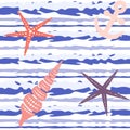 Marine striped seamless pattern with seashells, starfish and anchors. Vector Royalty Free Stock Photo