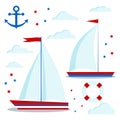 Marine style icon set of blue and red sailboats with one and two sails, clouds, stars, anchor, lifebuoy Royalty Free Stock Photo