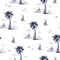 Marine summer seamless vector pattern. Beautiful palm tree, yacht and surfboard, tourists Paradise