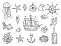 Marine symbols. Fish ship shells boats ocean symbols sailboat vector nautical collection Royalty Free Stock Photo