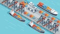 Marine terminal with cargo ships and cargo crane freight forwarding services vector illustration isometric design Royalty Free Stock Photo