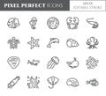 Marine theme pixel perfect thin line icons. Set of elements of fish, shell, crab, shark, dolphin, turtle and other sea creatures r