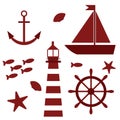 Marine theme set illustration with lighthouse, sailboat and marine inhabitants
