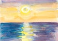 Marine theme sunset seascape colorful watercolor on paper