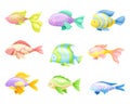 Marine tropical fishes set. Beautiful colorful exotic fish vector illustration Royalty Free Stock Photo