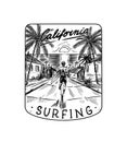 Marine tropical landscape with surfboards against the backdrop of sunset and palm trees.. Surf badge. Retro Wave