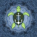 Marine turtle with anchor on blue island water background