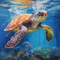 marine turtle swimming amongst Plastic pollution in ocean , plastic bags in the depths of the ocean, environmental concept