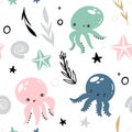 Marine vector seamless pattern with cute octopuses, seaweed and shells. Doodle style, hand drawn. Item for your design. Royalty Free Stock Photo