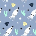 Marine vector seamless pattern with cute squid, starfish, corals and shells. Doodle style, hand drawn. Item for your