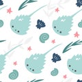 Marine vector seamless pattern with cute stingrays, seashells, algae and starfish. Doodle style, hand drawn. Item for
