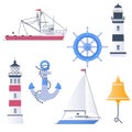 Marine vector set with ships, boats and nautical anchors