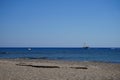 Sailboat, pedal catamaran and motorboat in the Mediterranean off the coast of the island of Rhodes. Kolympia, Greece Royalty Free Stock Photo