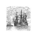 Marine view with sailing ship. Dutch fluyt sketch.