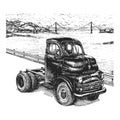 Marine view with truck, vintage drawing in vector
